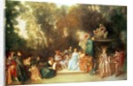 Fete galante with guitar player and a sculpture of putti playing with a ram, c.1717-19 by Jean Antoine Watteau