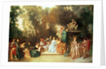 Fete galante with guitar player and a sculpture of putti playing with a ram, c.1717-19 by Jean Antoine Watteau
