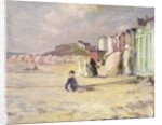 Figures walking beside a line of beach huts by Philip Wilson Steer