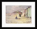 Figures walking beside a line of beach huts by Philip Wilson Steer
