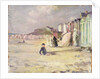 Figures walking beside a line of beach huts by Philip Wilson Steer