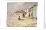 Figures walking beside a line of beach huts by Philip Wilson Steer
