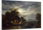 Moonlit river scene with figures unloading a boat by Georg Gillis van Haanen