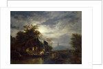 Moonlit river scene with figures unloading a boat by Georg Gillis van Haanen