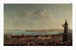View of Constantinople with a procession of janissaries passing the Galata Tower by Jean Baptiste Vanmour