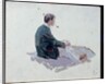 Man sitting upon rocks smoking a pipe by Harry Watson