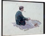 Man sitting upon rocks smoking a pipe by Harry Watson