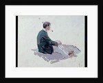 Man sitting upon rocks smoking a pipe by Harry Watson