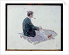 Man sitting upon rocks smoking a pipe by Harry Watson