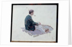 Man sitting upon rocks smoking a pipe by Harry Watson