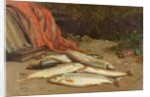 Brown trout on a river bank by William Geddes