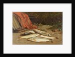 Brown trout on a river bank by William Geddes