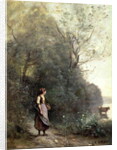A Peasant Woman Grazing a Cow at the Edge of a Forest, c.1865-70 by Jean Baptiste Camille Corot