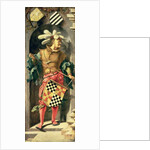 The Healing of the Blind Man of Jericho, left side panel of triptych showing warrior with the patron's coat of arms, 1531 by Lucas van Leyden