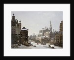 A Capriccio View of a Town with Figures on a Frozen Canal by Jan Hendrik Verheyen