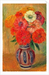 Zinnias in a Striped Blue Vase by William James Glackens