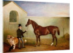 Mr Meakin holding Sir Robert Peel's Chestnut Hunter with his dogs 'Hector' and 'Jem', 1853 by John E. Ferneley