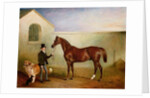 Mr Meakin holding Sir Robert Peel's Chestnut Hunter with his dogs 'Hector' and 'Jem', 1853 by John E. Ferneley