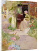 A Girl Sewing at the Door of a Cottage, 1906 by Thomas Mackay