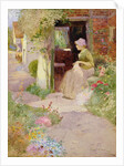 A Girl Sewing at the Door of a Cottage, 1906 by Thomas Mackay