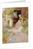 A Girl Sewing at the Door of a Cottage, 1906 by Thomas Mackay