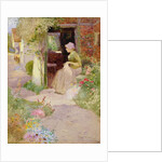 A Girl Sewing at the Door of a Cottage, 1906 by Thomas Mackay
