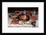 Breakfast piece with a fish, ham and cherries, 1614 by Jacob van Hulsdonck