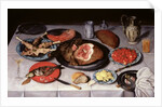 Breakfast piece with a fish, ham and cherries, 1614 by Jacob van Hulsdonck