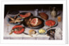 Breakfast piece with a fish, ham and cherries, 1614 by Jacob van Hulsdonck