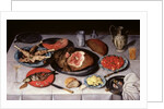 Breakfast piece with a fish, ham and cherries, 1614 by Jacob van Hulsdonck