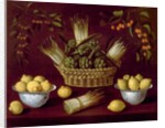 Still life with Asparagus, Artichokes, Lemons and Cherries by Blas de Ledesma