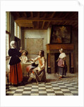 An Interior, with a Woman drinking with Two Men, and a Maidservant by Pieter de Hooch