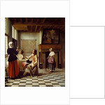 An Interior, with a Woman drinking with Two Men, and a Maidservant by Pieter de Hooch