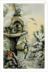 Winter Bird Table with Blue Tits, Great Tits, House Sparrows and a Robin by Carl Donner