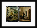 Don Quixote hanging from the window and preparing his armour, two scenes from the novel by Cervantes by Zacarias Gonzalez Velazquez