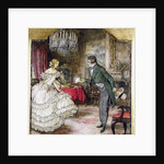 A young man presenting a bouquet to a girl standing in a drawing room by Arthur Rackham