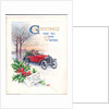 Original artwork for a Christmas card of a red car and holly, circa 1951 by (after) English School