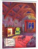 Original artwork for a Christmas card of a roaring fire in a baronial hall, circa 1953 by English School