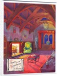 Original artwork for a Christmas card of a roaring fire in a baronial hall, circa 1953 by English School