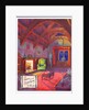 Original artwork for a Christmas card of a roaring fire in a baronial hall, circa 1953 by English School