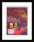 Original artwork for a Christmas card of a roaring fire in a baronial hall, circa 1953 by English School