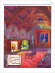 Original artwork for a Christmas card of a roaring fire in a baronial hall, circa 1953 by English School