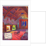 Original artwork for a Christmas card of a roaring fire in a baronial hall, circa 1953 by English School