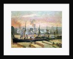 Sunset at Rouen, Boats Unloading Wood, 1896 by Camille Pissarro