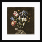 Tulips, daffodils, irises and other flowers in a glass vase on a sculpted stand, with a butterfly by Juan de Arellano