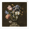 Tulips, daffodils, irises and other flowers in a glass vase on a sculpted stand, with a butterfly by Juan de Arellano