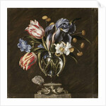 Tulips, daffodils, irises and other flowers in a glass vase on a sculpted stand, with a butterfly by Juan de Arellano