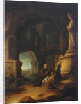 A hermit at prayer in a grotto with classical ruins by Jan Adriansz van Staveren