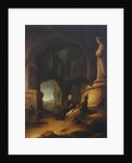 A hermit at prayer in a grotto with classical ruins by Jan Adriansz van Staveren