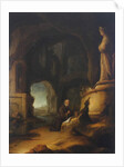A hermit at prayer in a grotto with classical ruins by Jan Adriansz van Staveren